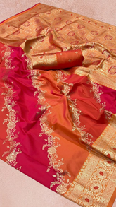 Orange & Crimson Red Rangkat Zari Weaved Banarasi Silk Saree